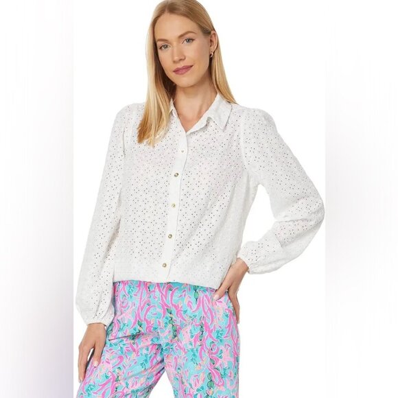 Lilly Pulitzer Eyelet Button Down Blouse XL | Coastal Resort Spring Top - Picture 6 of 12